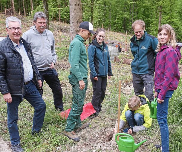 Pia und Jonas Hekel pflanzen Bäume. Landrat Dietmar Allgaier, der Benninger Bürgermeister Klaus Warthon und Fachleute schauen zu.