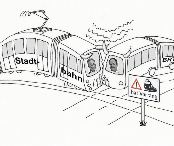 Im Duell zwischen Landrat Haas (links) und Oberbürgermeister Spec soll die Stadtbahn den Vorrang bekommen, so sehen es die Stadtbahn-Befürworter der Initiative Pro Niederflur in einer Karikatur. Diesen Vorrang haben die beiden Kontrahenten in einer V