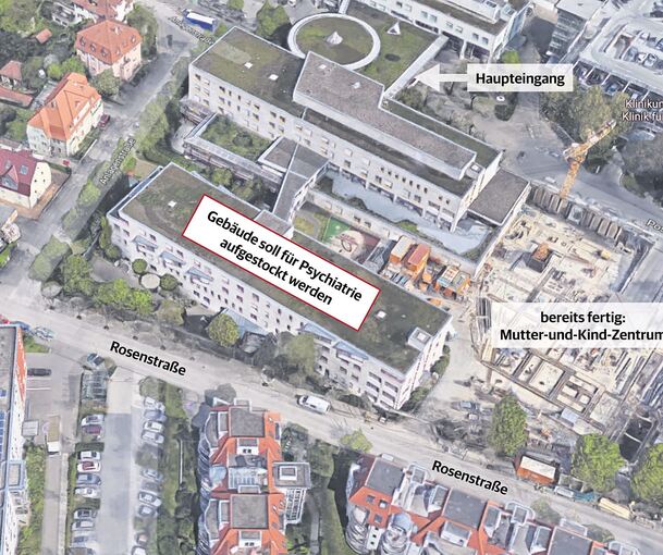 Um mehr Betten für die geschlossene Psychiatrie zu bekommen, soll das Gebäude in der Rosenstraße aufgestockt werden. Fotos: Klinikum