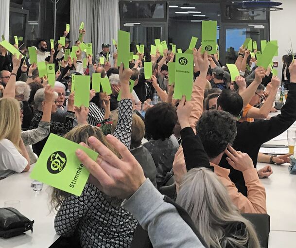 159 grüne Stimmkarten für die Verschmelzung, drei dagegen, fünf Enthaltungen – damit ist am Freitag um 19.20 Uhr das Ende der Sportvereinigung 07 Ludwigsburg beschlossen.Foto: privat