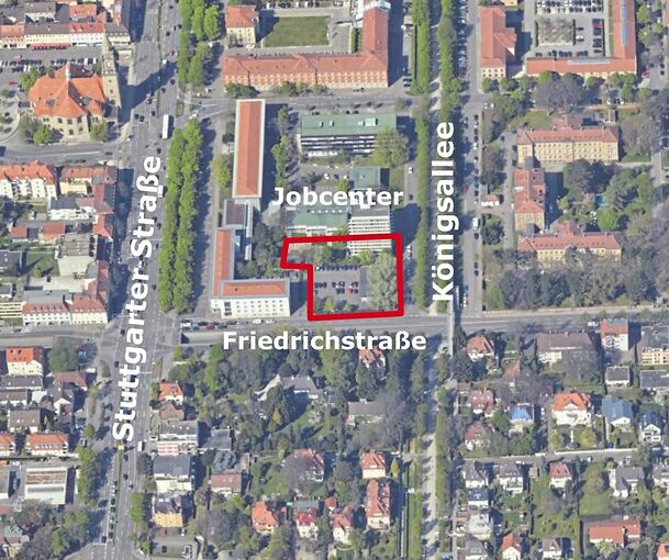 Die rot umrandete Fläche zeigt das Areal des neuen Studentenwohnheims.Foto: Stadt Ludwigsburg