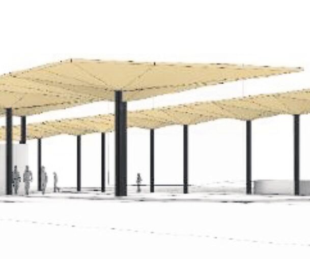 Ein aus Einzelschirmen zusammengesetztes Lamellenholzdach mit integrierter Photovoltaikanlage wird die großzügiger als bisher angelegten Wartebereiche an den Bushaltestellen überspannen.Grafik: Stadt Ludwigsburg