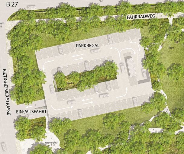 Rundum begrünt und lichtdurchflutet: So könnte ein Parkdeck im neuen Walckerpark aussehen. Visualisierung und Lageplan unten: Stadt Ludwigsburg