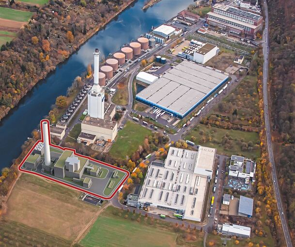 Am westlichen Ende des Energie- und Technologieparks am Neckar soll die Netzstabilitätsanlage (rot umrandet) entstehen. Der Kamin des Gasturbinenkraftwerks soll nach jüngsten Angaben der Bauherrin EnBW 80 Meter hoch werden. Oben in der Visualisierung