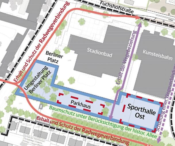 Hinter der Eishalle soll die neue Sporthalle gebaut werden. Archivfoto: Bürkle/Grafik: Stadt Ludwigsburg