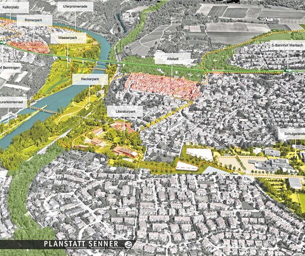 Die markierten Bereiche umreißen das Gebiet in Benningen (links des Neckars) und Marbach, in dem die Gartenschau stattfinden könnte. Illustration: Planwerkstatt Senner