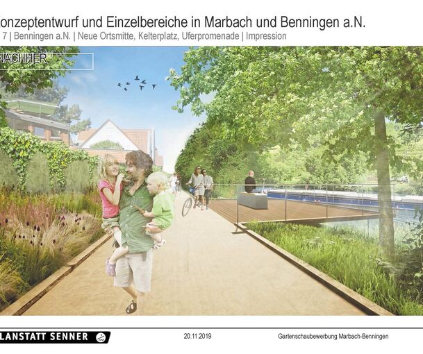 Der Konzeptentwurf sieht eine Uferpromenade mit Terrasse und Blick auf den Fluss vor.