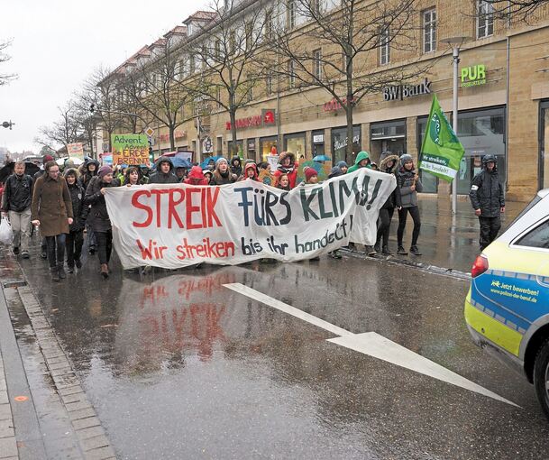 Zwei Stunden laufen die Demonstranten durch Ludwigsburg und lassen sich auch vom Regen nicht abhalten. Ihre Absicht: Politiker dazu zu bringen, mehr für das Klima zu tun. Fotos: Andreas Becker