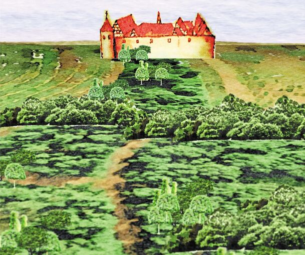 Illustrierte Geschichte: Dort, wo heute das Schloss steht, stand vor 1704 der Erlachhof (links). Rekonstruktionen des Blühendes Barocks von 1806 (2. v. l.) und 1844 (2. v. r) sowie der Park vor dem Schloss mit der heutigen Ansicht (rechts), die für d