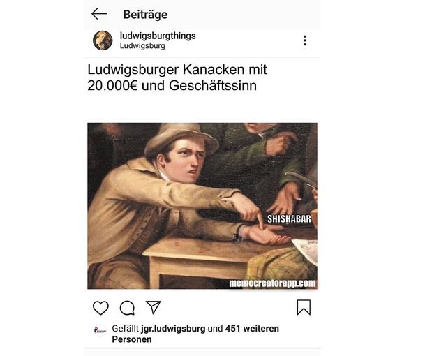 Zwei Beispiele von der Instagramseite Ludwigsburgthings: Oben ist der Seitenname sowie der vom Verfasser markierte Ort zu sehen. Dann ein oder zwei Bilder mit Text. Darunter steht die Anzahl derjenigen, die den Beitrag mit „Gefällt mir“ markiert habe
