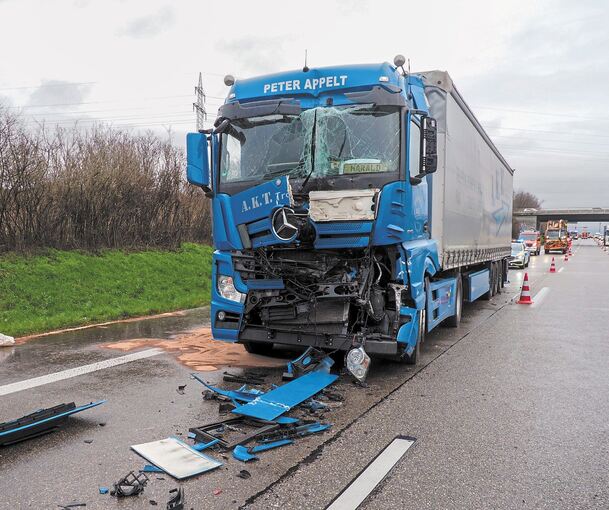 Der Fahrer des Sattelzuges wurde schwer verletzt. Der Schaden beträgt rund 80 000 Euro. Zeitweise waren zwei Fahrspuren nach dem Unfall auf der Autobahn 81 gesperrt. Foto: Holm Wolschendorf