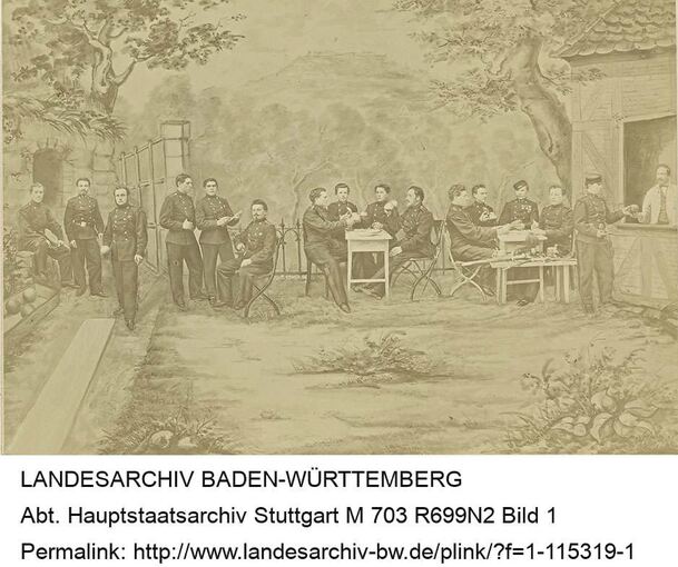 Soldaten und Unteroffiziere des 8. Infanterieregiments 1866–1871 sitzen hier in einer Gartenwirtschaft, hinten in der Mitte des Bildes ist der Hohenasperg zu sehen.Fotos: privat