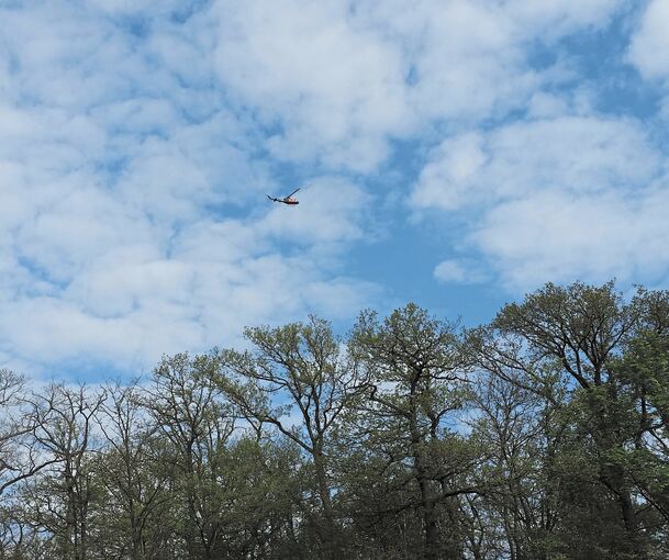 Über einem kleinen Wäldchen zwischen Vaihingen-Ensingen und Illingen (Enzkreis) dreht der SAR-Hubschrauber seine Runden. Foto: privat