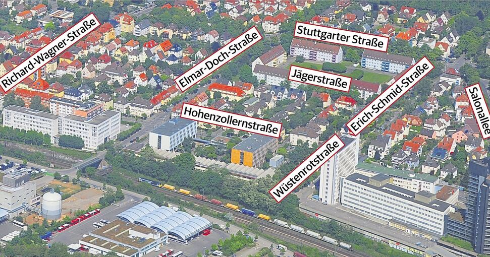 Der westliche Teil der Südstadt wird durch Bahn, Friedrich-, Stuttgarter Straße und Kornwestheimer Gemarkung begrenzt. Foto: Kuhnle/Grafik: Heeb