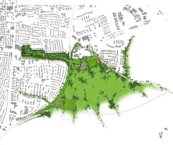 In einem zweiten Schritt könnte ein Landschaftspark entstehen. Grafik: Architekturbüro Grub+Lejeune
