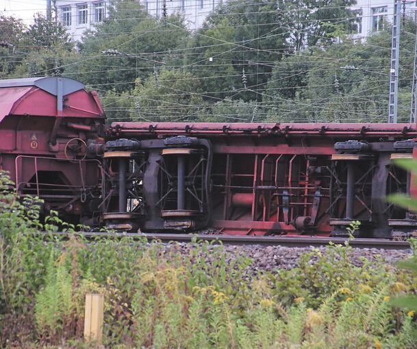Einer der beiden entgleisten, mit Steinsalz beladenen Güterwaggons liegt am Donnerstagabend umgestürzt bei Bietigheim im Gleisbett. Foto: Alfred Drossel