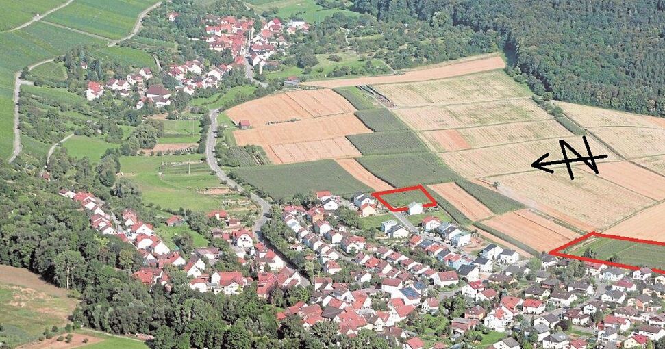 Die rot eingerahmten Flächen sind die geplanten Baugebiete Langgewänd II West im Ortsteil Hof.Archivfoto: Alfred Drossel