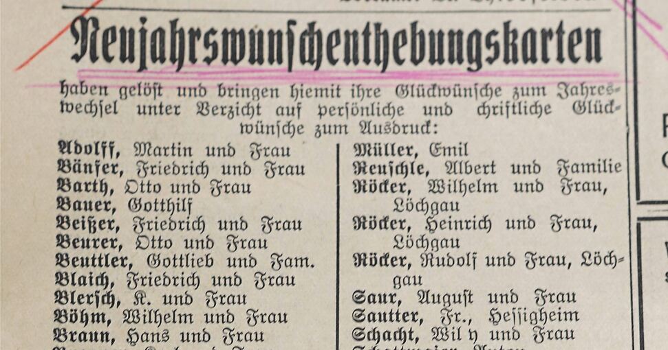 Die Liste der Spender: Die Namen derjenigen, die eine Karte gekauft und somit etwas für den sozialen Zweck getan haben, werden publikumswirksam in der Zeitung veröffentlicht. Hier ist das Inserat im Neckar- und Enzboten von 1934 zu sehen. Foto: Ramon