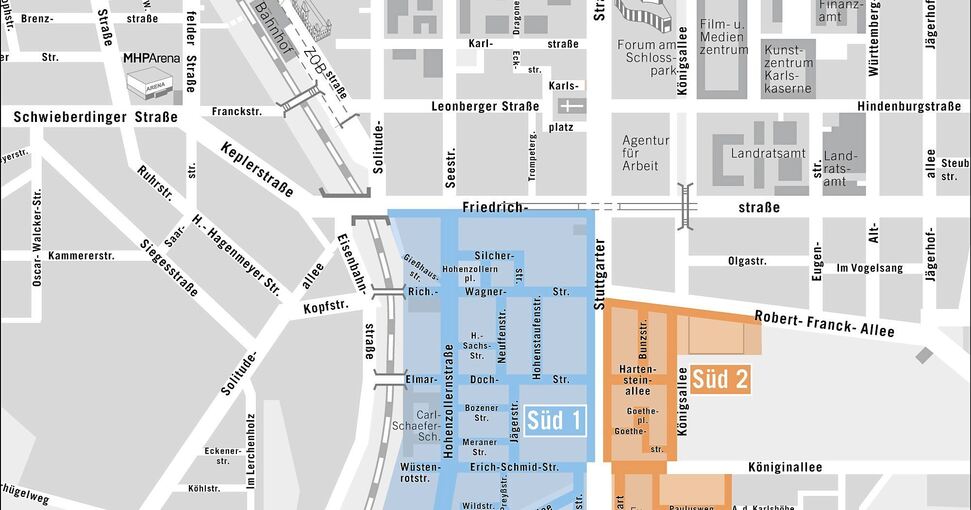 Das Bewohnerparken ist in zwei Zonen auf beiden Seiten der B 27 geteilt.Karte: Stadt Ludwigsburg