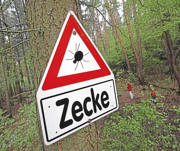 Ein Schild im Wald warnt vor Zecken: Im Jahr 2020 übermittelten 38 von 44 Kreisen in Baden-Württemberg 350 FSME-Fälle an das Landesgesundheitsamt in Stuttgart. Foto: Frank Rumpenhorst/dpa