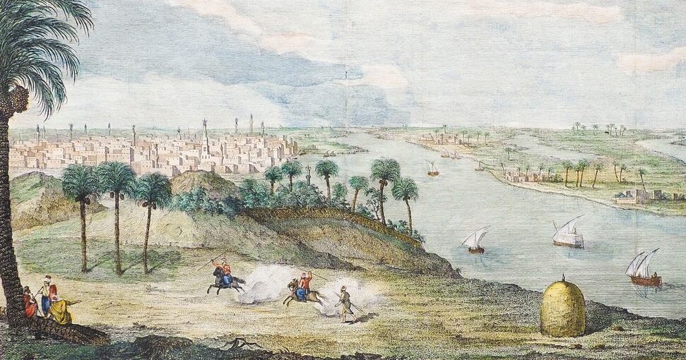 Ansicht der Stadt Raschid (Rosette) im Nildelta von Expeditionsteilnehmer Georg Wilhelm Baurenfeind.