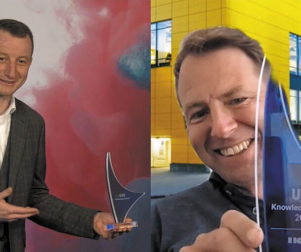 Die Übergabe des USU-Knowledge-Awards erfolgt coronakonform virtuell im Rahmen eines firmeneigenen Fach- und Kundentreffens. USU-Geschäftsführer Sven Kolb (links) überreicht den Preis an Ikea-Manager Rickard Hammerlund, der aus Malmö live zugeschalte