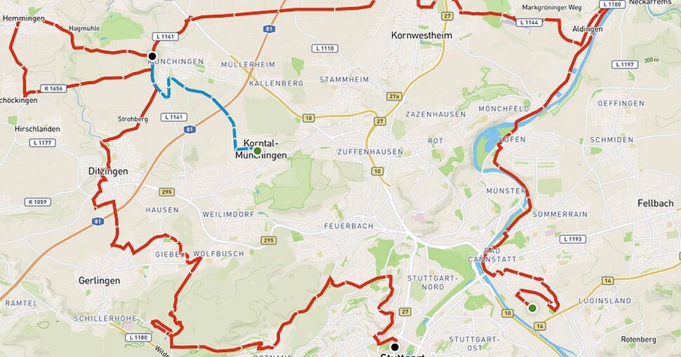 Die Strecke des „Sunday Morning Cycling“ führt von Bad Cannstatt bis Aldingen, für die Rennradler (lange Distanz) geht es danach weiter. Die kurze Strecke startet in Korntal.Illustration: privat
