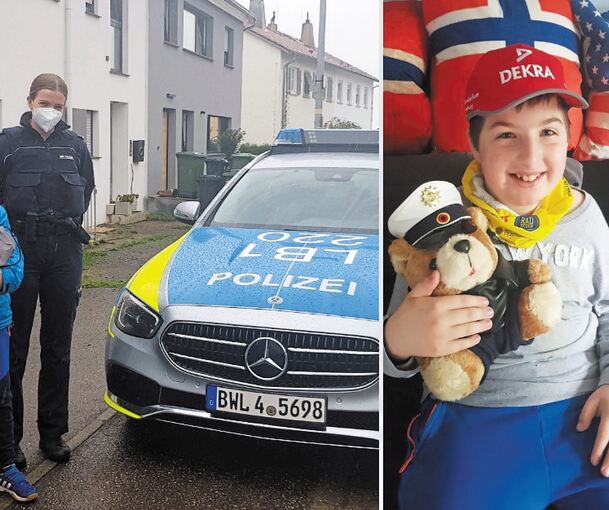 Freude über den Besuch der Polizei: Daniels Wunsch geht in Erfüllung. Fotos: Polizei Ludwigsburg