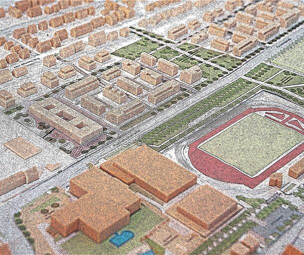 Das Modell aus dem Wettbewerb: Neben der Schule wird ein privater Investor bauen, alles Weitere ist noch völlig offen. Modellbild: Bürkle/LKZ