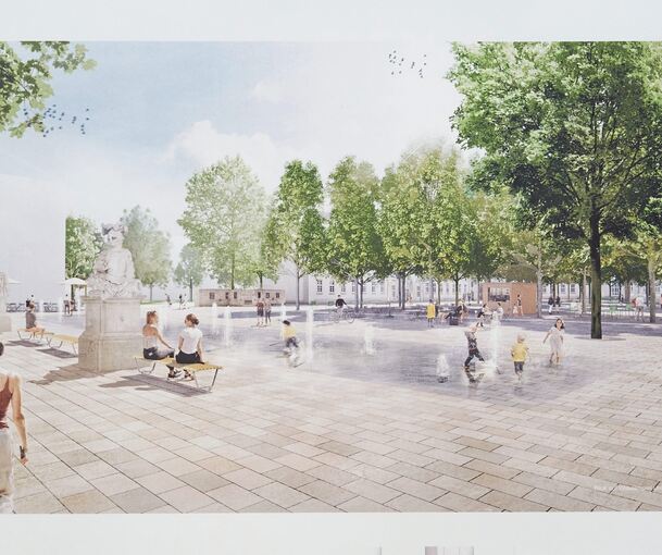 Blick von der Ecke Wilhelmstraße/Arsenalstraße auf den umgestalteten Platz. Im Vordergrund die historischen Trophäen und das Wasserspiel. Grafik: Büro Mann