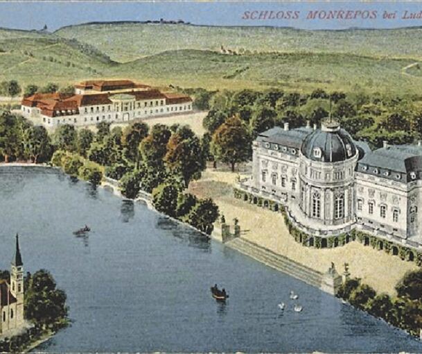 Eine Ansichtskarte von der Domäne Monrepos aus dem Jahr 1927. In der linken unteren Ecke ist die Kapelleninsel zu sehen. Foto: privat