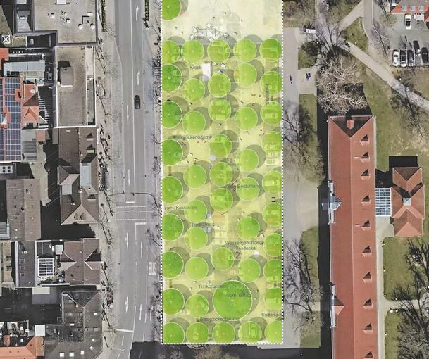 In diesem Bereich (grün unterlegt) soll der Arsenalplatz im Jahr 2023 umgebaut werden. Statt der Parkplätze sollen dann viele Bäume den Platz zieren. Grafiken: Stadt Ludwigsburg