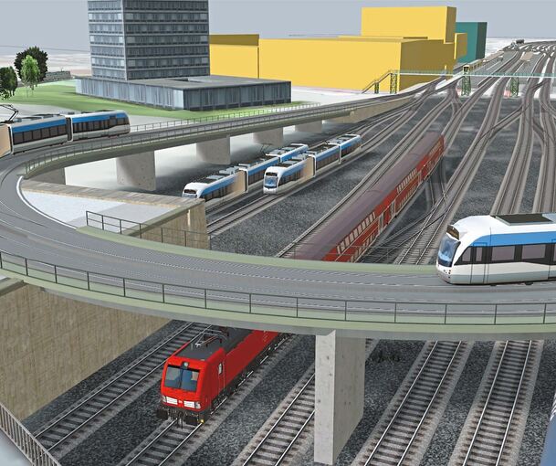 Eine neue Keplerbrücke könnte nach Vorstellungen des Aktionsbündnisses die Stadtbahn in die Spur bringen, auch Busse können zum Busbahnhof fahren. Illustration: Werner Bischof/Aktionsbündnis