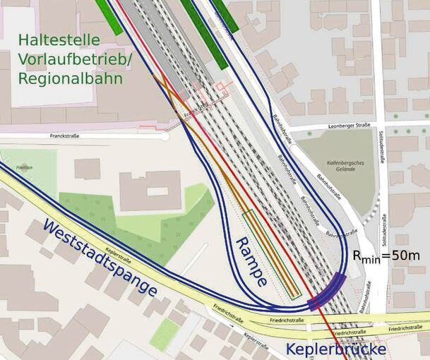 Eine neue Keplerbrücke könnte nach Vorstellungen des Aktionsbündnisses die Stadtbahn in die Spur bringen, auch Busse können zum Busbahnhof fahren. Illustrationen: Werner Bischof/Aktionsbündnis
