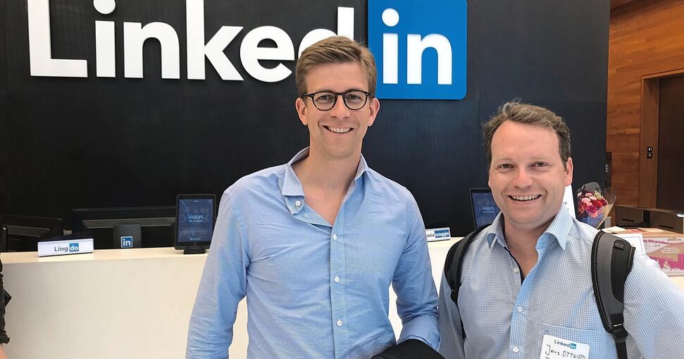 Thorsten Schäuble (links) und Jens Ottnad besuchen an der US-Westküste das Unternehmen LinkedIn. Fotos: privat
