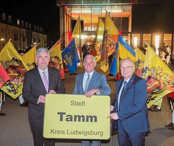Freude vor und im Tammer Bürgersaal: Schultes Martin Bernhard hält im linken Bild das neue Ortsschild mit Landrat Dietmar Allgaier (links) und Innenminister Thomas Strobl (Mitte), rechts übergibt ihm der Minister die Urkunde der Stadterhebung. Fotos: