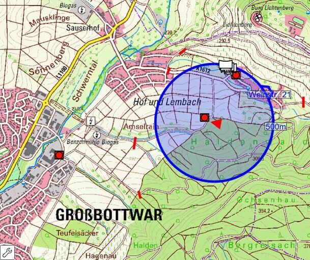 Die Lagekarte zeigt Sprengort und Evakuierungsradius. Screenshot: Landratsamt Ludwigsburg