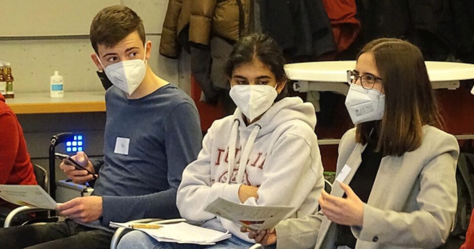 Von links nach rechts: Tim Tibi, Natheepa Subaskaran und Selin Akin diskutieren bei einer Sitzung des Jugendbürgerrats mit den Experten, die den Dreien gegenüberstehen. Foto: privat