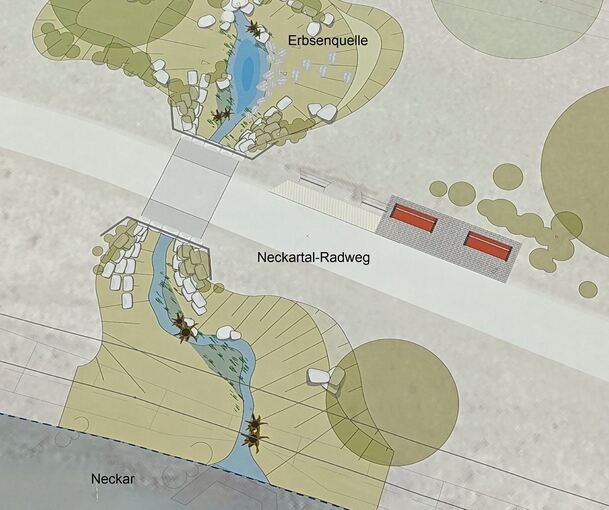 Die Quelle wird mit großem Gerät freigelegt. Die Grafik zeigt, wie der Zulauf in den Neckar gestaltet werden soll. Foto: Holm Wolschensdorf