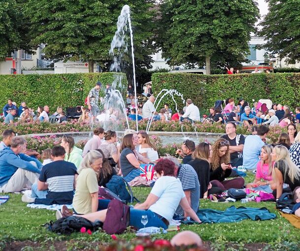Auf Picknickdecken haben sich die Besucher im Park niedergelassen, um nach Einbruch der Dunkelheit das Feuerwerk zu genießen. Fotos: Holm Wolschendorf