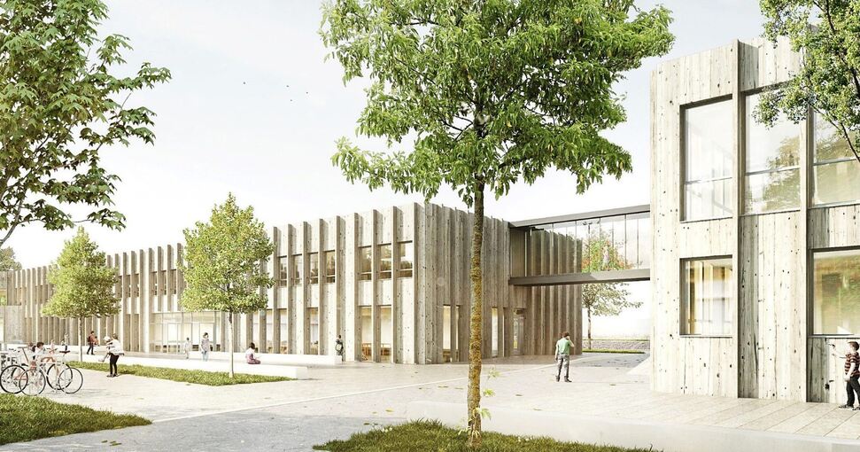 Neue Gemeinschaftsschule in Schwieberdingen: Im April 2025 sollen die Sanierung des Bestands und der Neubau fertig sein. Die Kosten steigen jetzt offenbar auf mehr als 30 Millionen Euro. Visualisierung: Goldbeck (p)