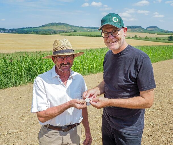 Über die Medaille, die Landwirt Martin Ziegler (links) auf dem Acker gefunden hat, freut sich Denkmalpfleger Markus Pantle. Fotos: Holm Wolschendorf
