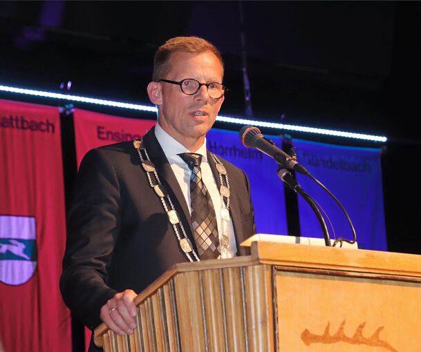 Vaihingens neuer Oberbürgermeister Uwe Skrzypek bei seiner Rede gestern Abend zu seiner offiziellen Amtseinsetzung. Foto: Albert Arning