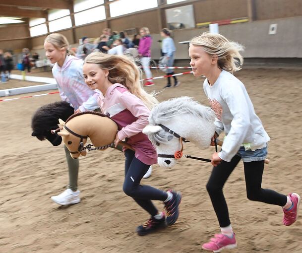 „Es wirkt einfacher, als es ist“: Auf dem Fißlerhof in Tamm messen sich Mädchen beim „Hobby Horsing“. Foto: Ramona Theiss
