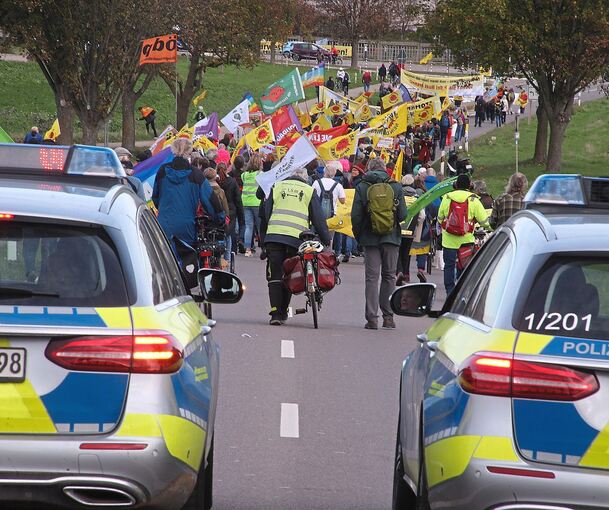 Streifenfahrzeuge der Polizeireviere Bietigheim-Bissingen und Lauffen sichern den Demonstrationszug. Foto: Alfred Drossel