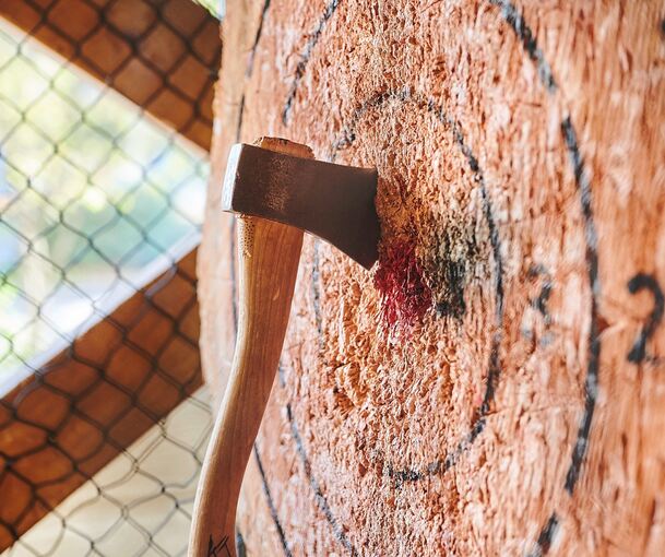 Eine Axt steckt in einer Holzscheibe: Bislang noch unbekannte Täter haben in Erdmannhausen einen alten Nussbaum gefällt. Foto: Annette Riedl/dpa
