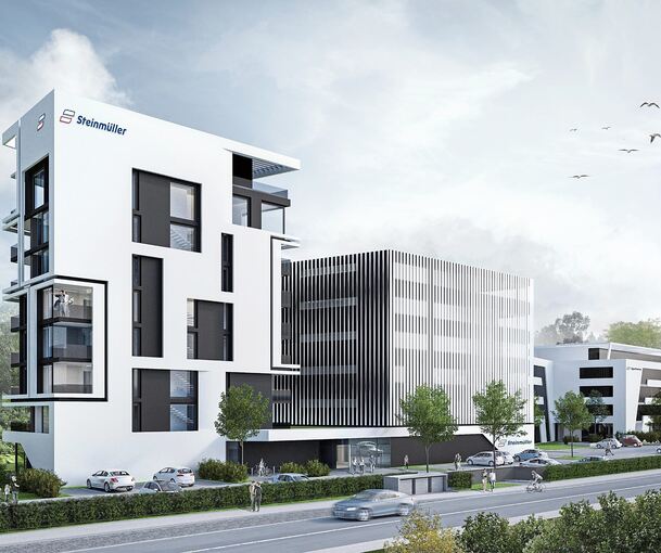 Das Neubauprojekt von Ege Trans: Rechts ist das bestehende Firmengebäude an der Ludwigsburger Straße zu sehen, daran schließt sich ein Kubus mit bis zu 130 Büroarbeitsplätzen an. Im höchsten Gebäude links sind 20 Mitarbeiterwohnungen geplant. Visuali