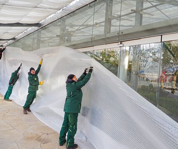 Mit Noppenfolie wird die verglaste Fassade des Parkcafés verhüllt, um die Pflanzen im Innern vor Kälte zu schützen. Foto: Holm Wolschendorf