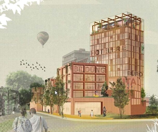 Eine erste Ideenskizze für das Kepler-Dreieck. So könnten die Bebauung und das Hochhaus am Ende aussehen. Grafik: Pesch/p
