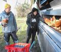 Eine Schülerin holt mit dem Erlebnispädagogen Samuel Weiler Eier aus dem Hühnermobil. Je vier Hühner können auch „ausgeliehen“ werden, samt Futter und Stallmöglichkeit, „Rent-a-huhn“ gilt als Erfolgsmodell.